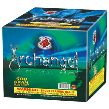 Box of Archangel fireworks with a warning label.