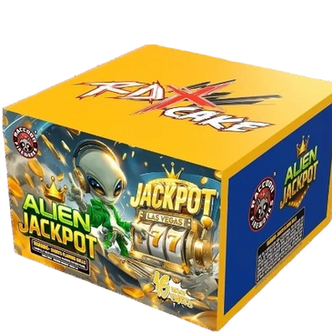 Colorful Alien Jackpot fireworks box with an alien graphic and Las Vegas jackpot theme.