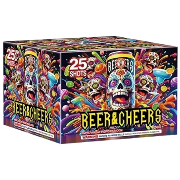 Colorful fireworks box labeled Beer &amp; Cheers with 25 shots.