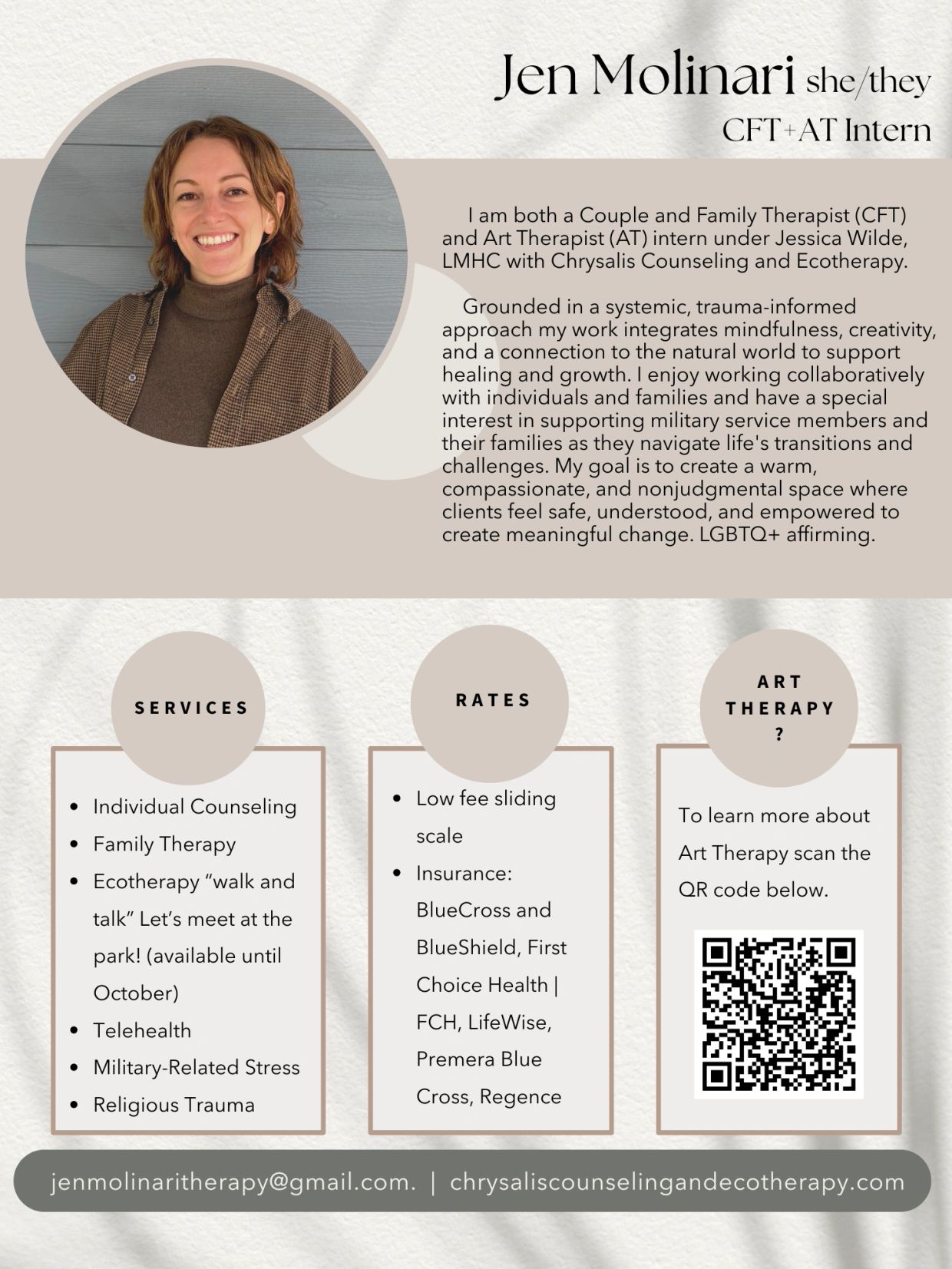 Profile and services of Jen Molinari, a couple and family therapist and art therapy intern.