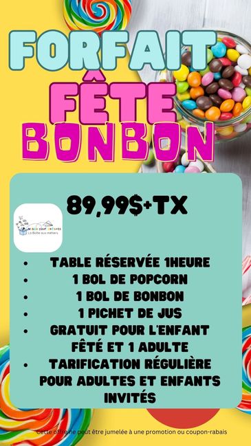 Advertisement for a candy party package with popcorn, juice, and reserved table.