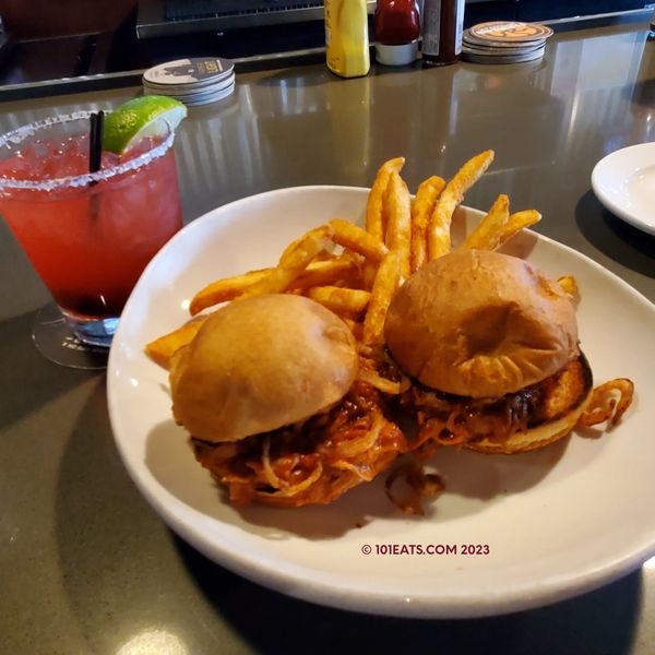 Happy Hour BBQ Pork Sliders with Blackberry Margarita! Great deal. 