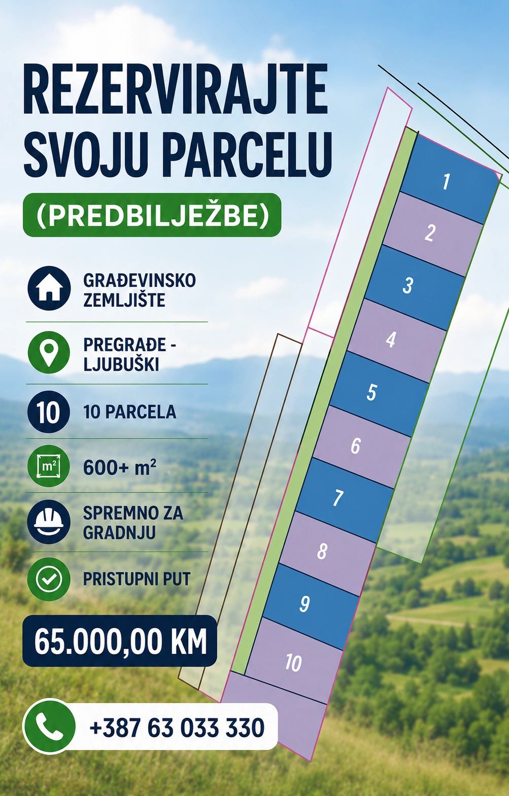 Oglas za prodaju građevinskih parcela u Ljubuškom, 10 parcela preko 600 m², cijena 65.000 KM.