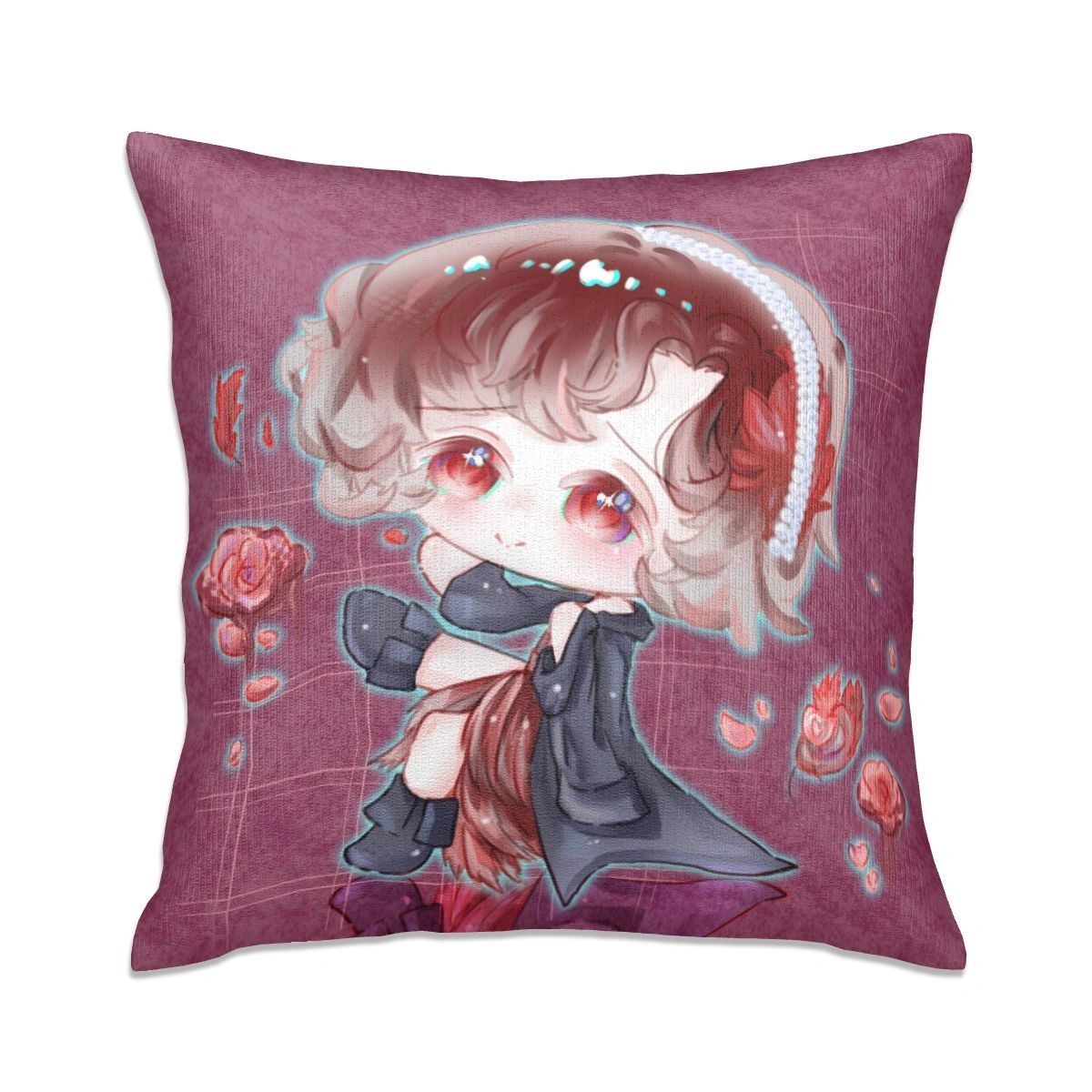 Chibi Dark Floral Anime-Style Decorative Lumbar Pillowcase