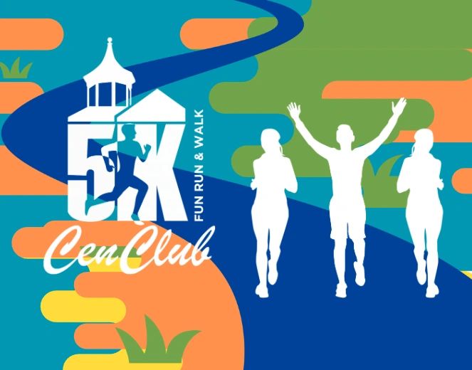 Graphic for CenClub 5K Fun Run &amp; Walk with runners and colorful background.