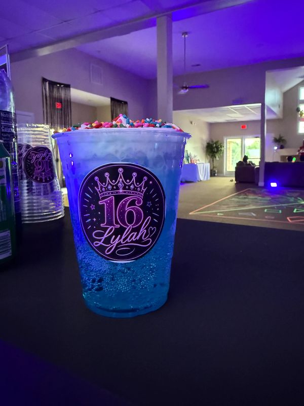 Blue birthday drink with sprinkles for Lylah's 16th celebration.