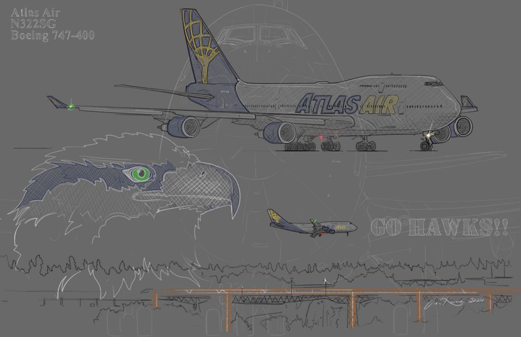 Artistic sketch of Atlas Air Boeing 747-400 with a hawk motif and 'Go Hawks!!' text.