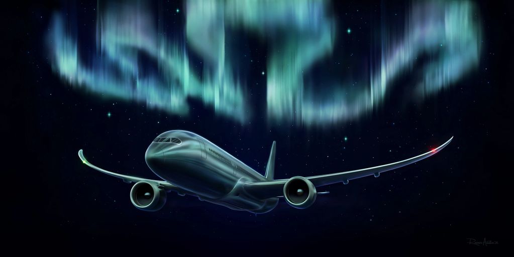 Airplane flying under the vibrant northern lights in a starry night sky.