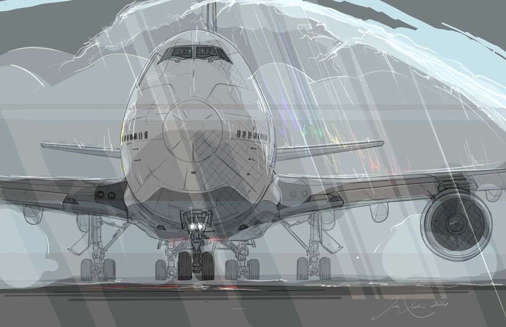 Front view of a large airplane on a rainy runway with reflections and light effects.