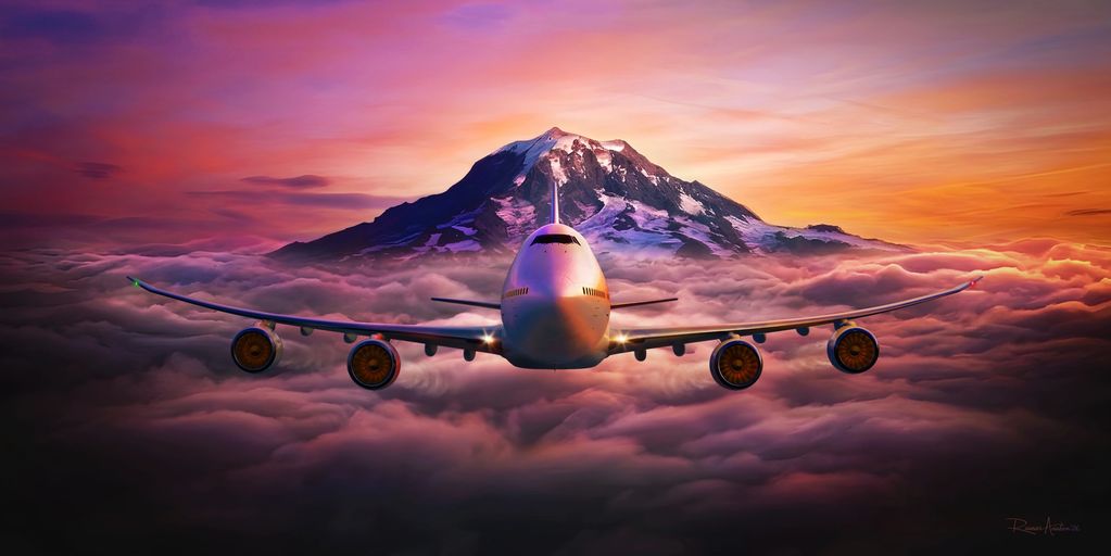 Airplane flying above clouds with a mountain and vibrant sunset in the background.