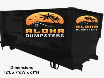Black dumpster with Aloha Dumpsters logo and dimensions.