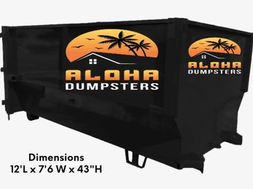 Aloha Dumpsters logo on a large black dumpster.