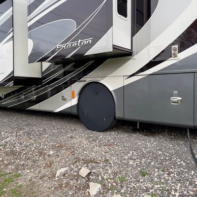 Parked Class A Motorhome showing 42' Superb Tire Shield