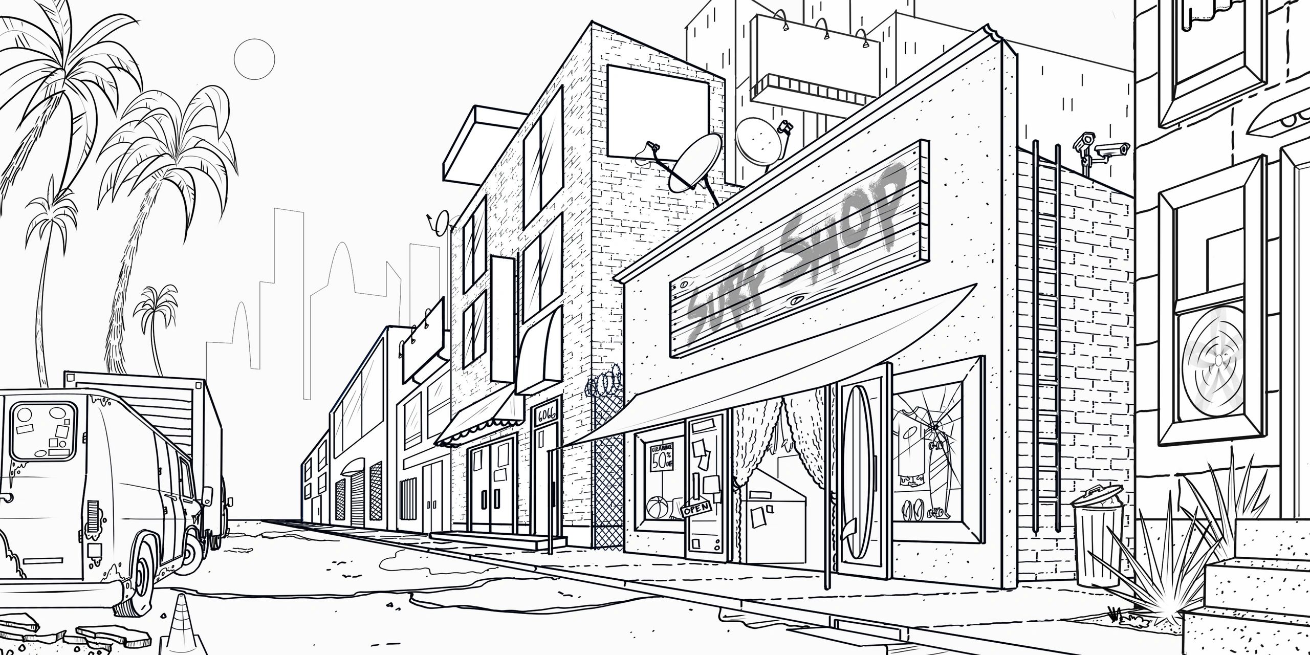 Sam Smith original background design. Exterior surf shop, line work.