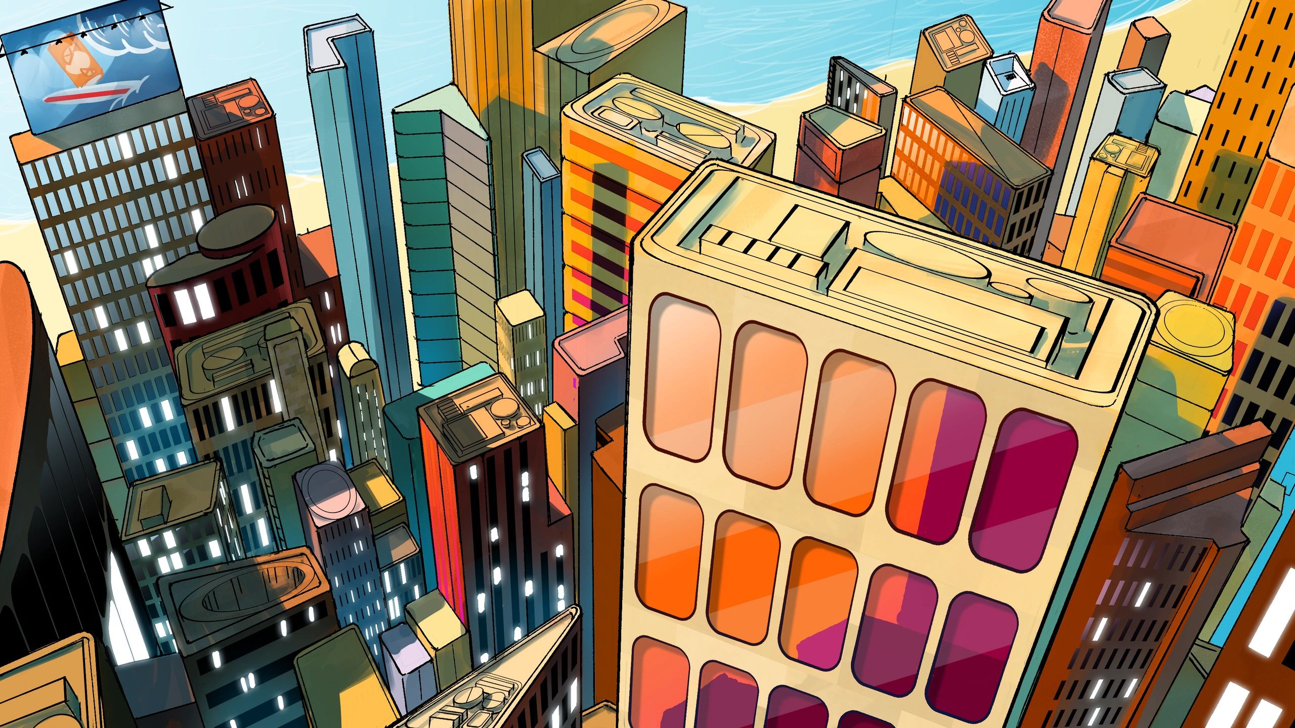 Sam Smith background design, 3 point perspective, color, cityscape, dusk