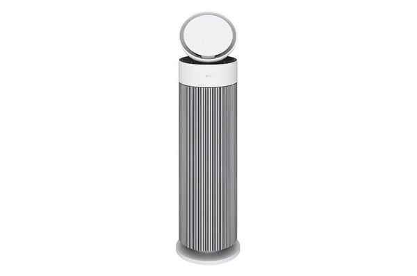 Modern tower air purifier with circular top and vertical slats.
