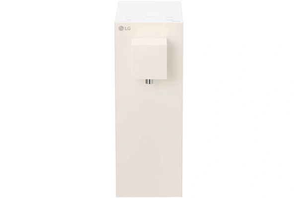 Minimalist white LG water purifier with a modern square dispenser.