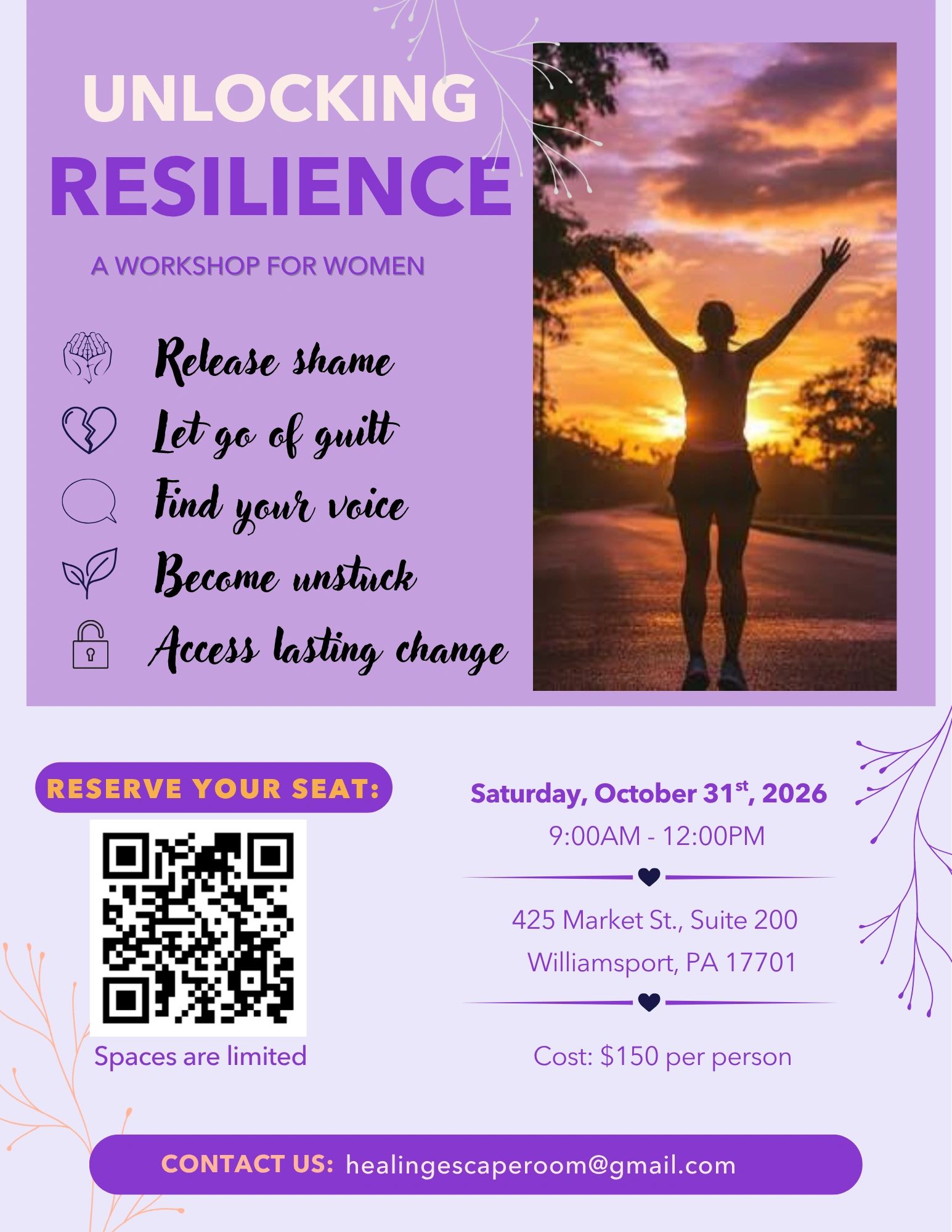 Workshop flyer for women's resilience with event details and registration QR code.