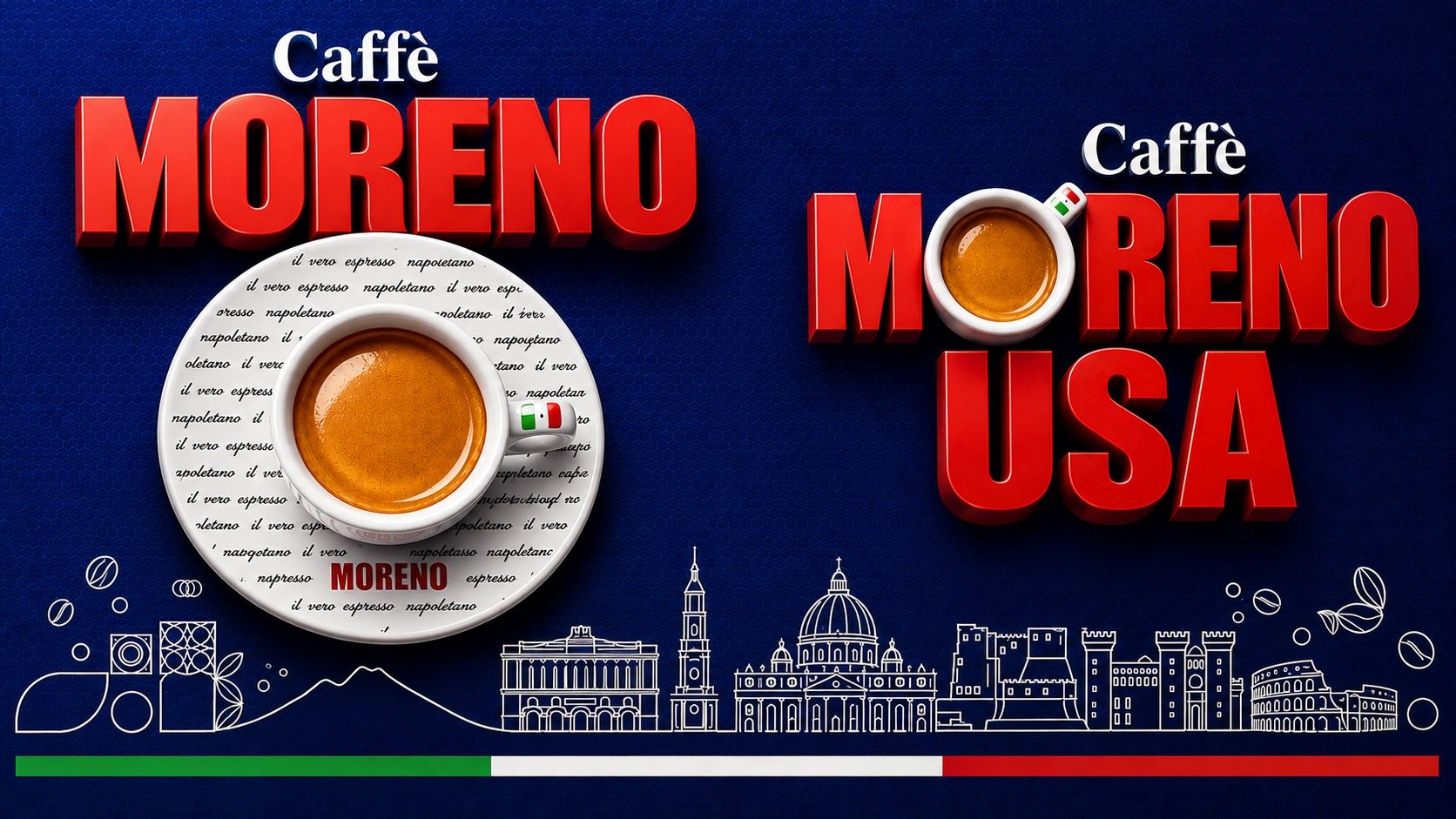 Caffè Moreno and Caffè Moreno USA logos with coffee cups and Italian landmarks.