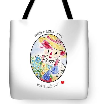 White bag with black handle with a picture of raggety ann in a garden hat with flowers 