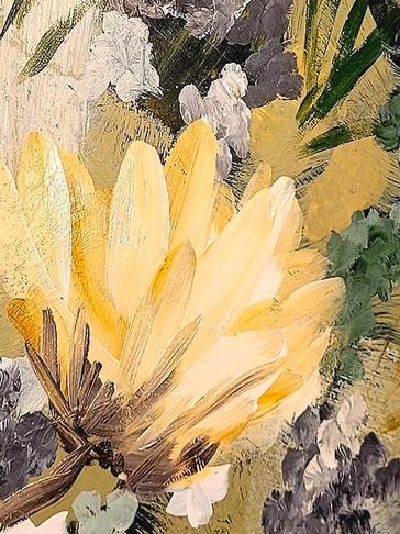 Close-up of a vibrant yellow flower painting with textured brushstrokes.