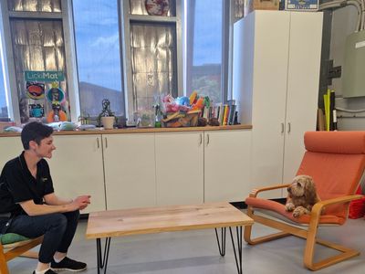 Person and dog facing each other in a cozy room with a wooden table in between.