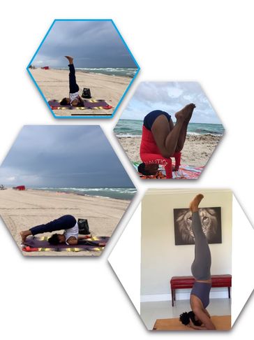 Four images of a person practicing advanced yoga poses, including headstands and shoulder stands.