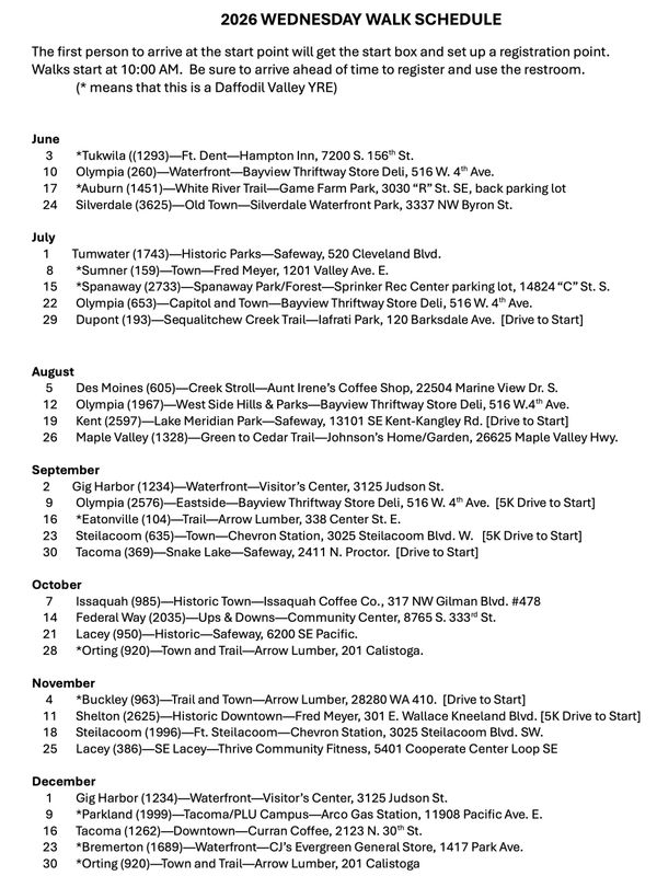2026 Wednesday walk schedule listing locations and dates from June to December.
