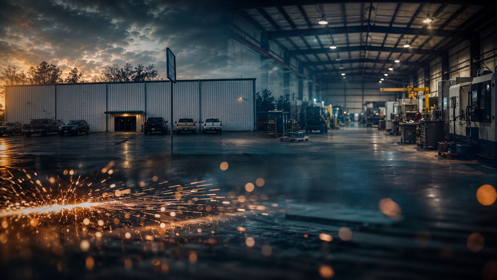 Industrial factory exterior with parking and indoor machinery.