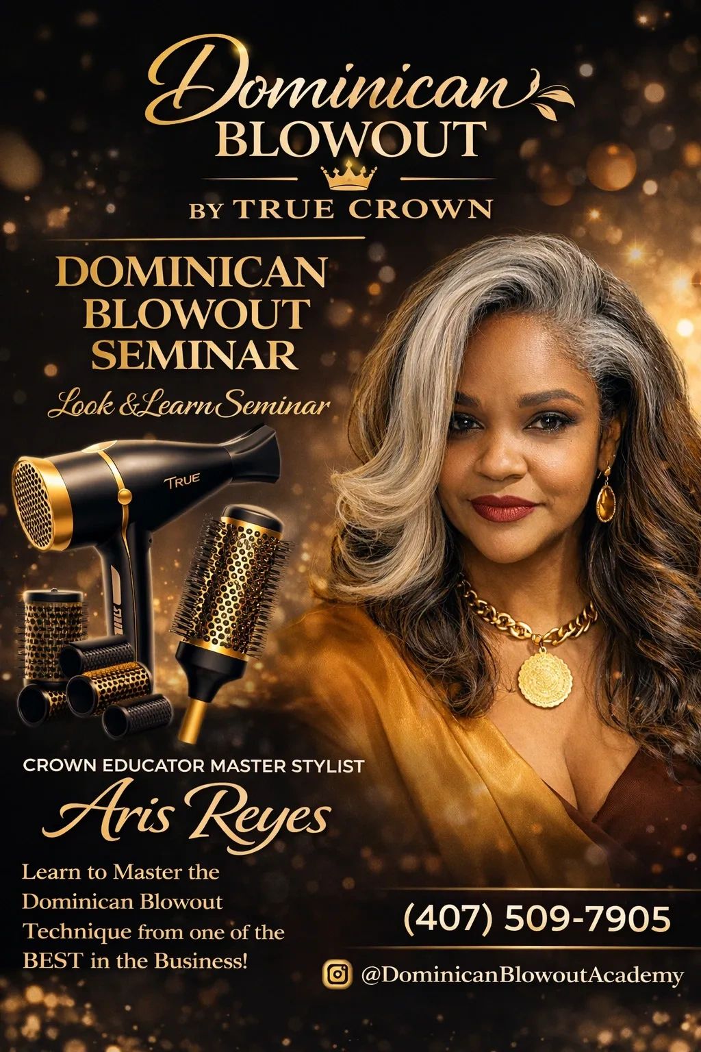 Dominican Blowout Seminar with stylist Aris Reyes, mastering blowout techniques.