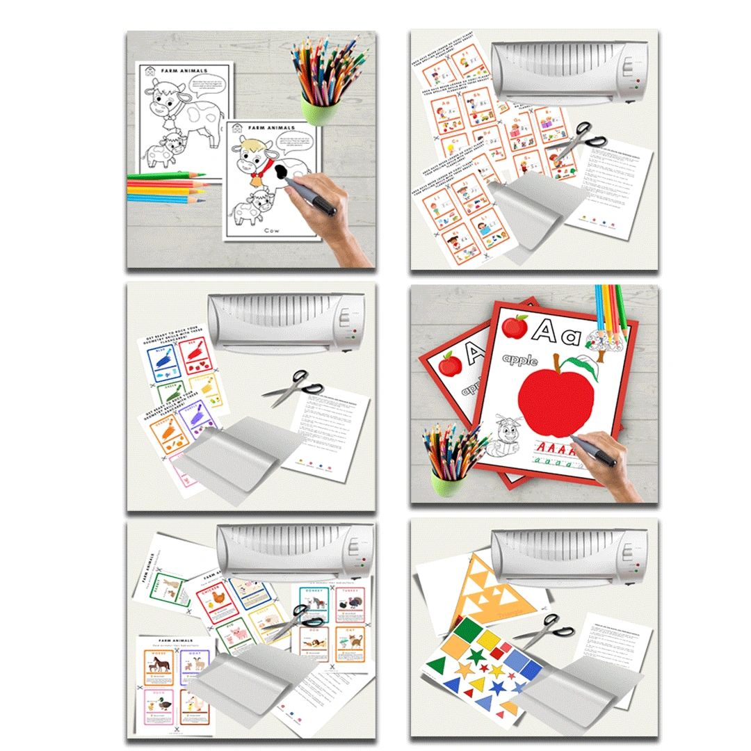 Coloring and laminating educational worksheets with scissors and colored pencils.
