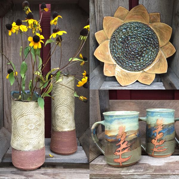 Two handmade tree mugs, two vases and sunflower.
