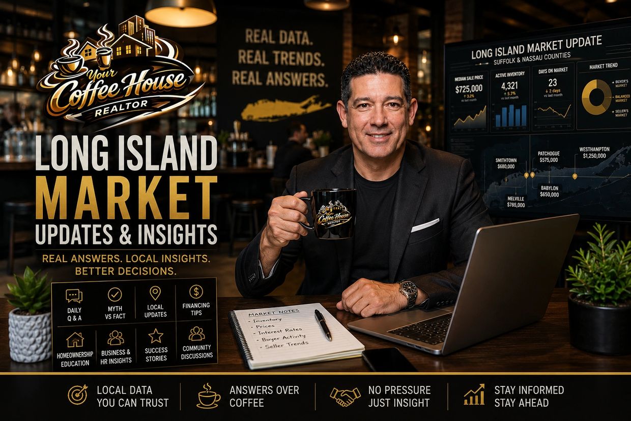 Ray Pearson reviews Suffolk and Nassau real estate data over coffee, including prices, inventory and