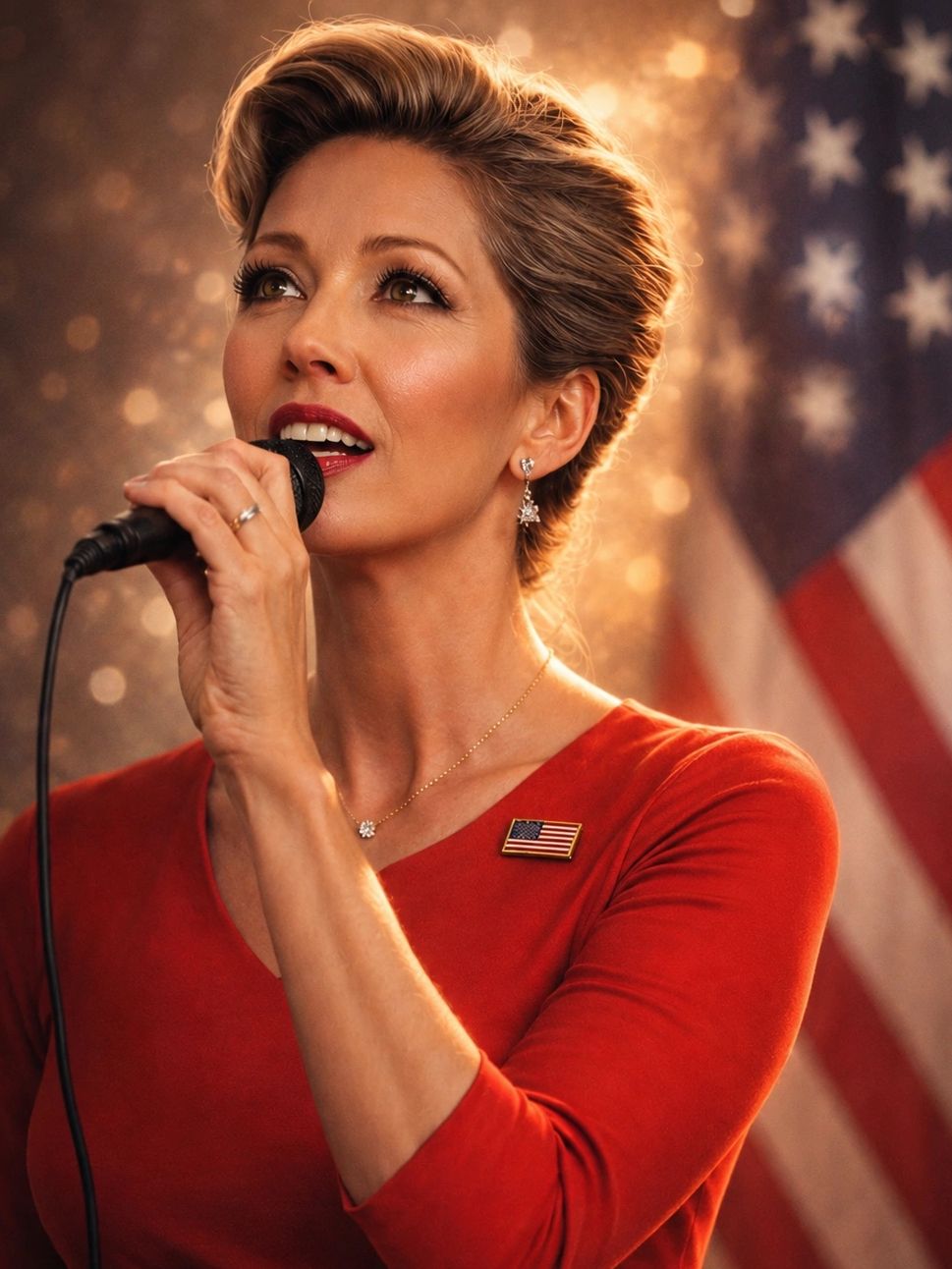 Woman singing passionately with an American flag pin and flag in background.