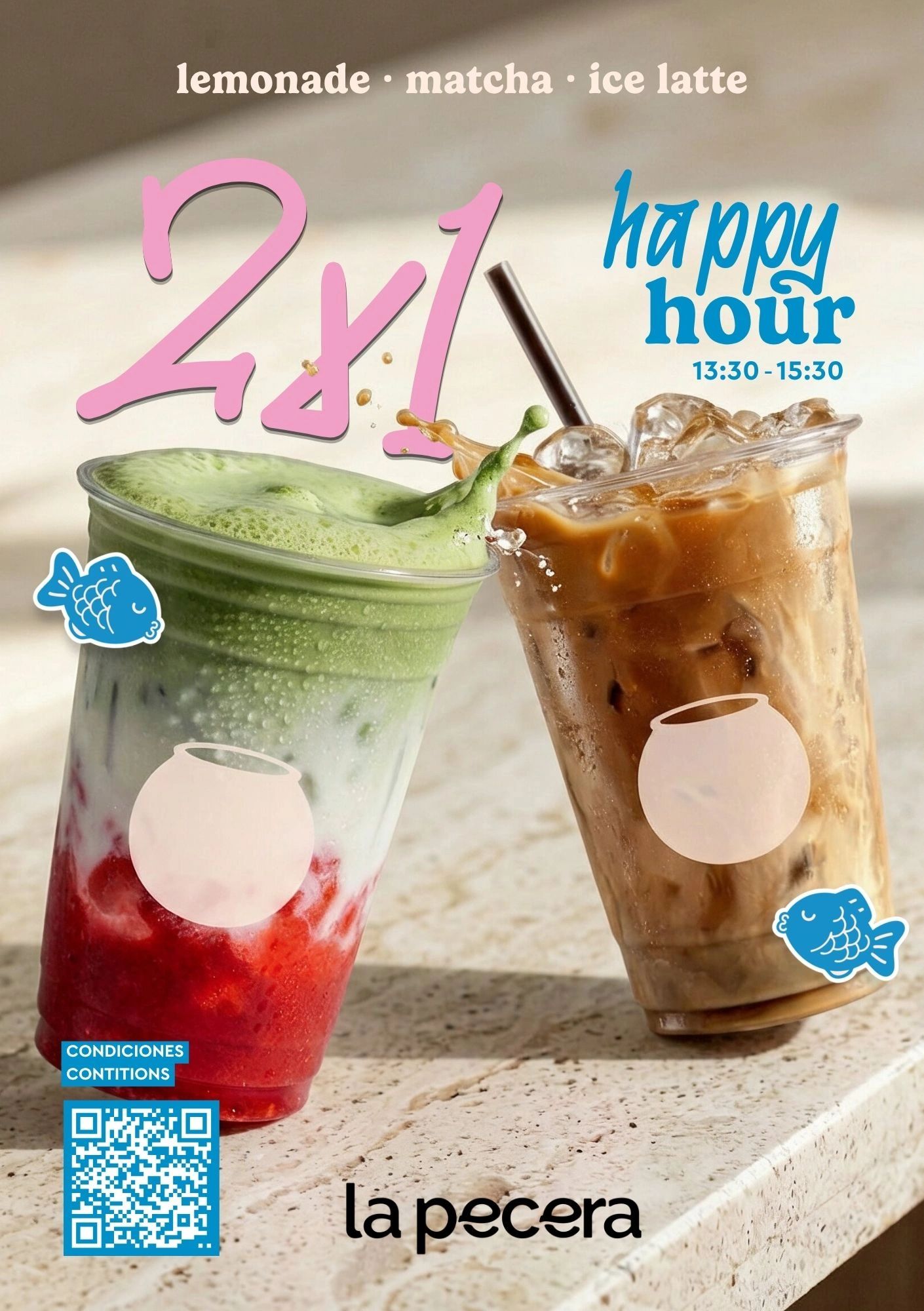 Two refreshing drinks with a 2x1 happy hour offer at La Pecera.