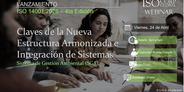 Webinar on ISO 14001:2026 environmental management system updates with instructor Andres Palomo.