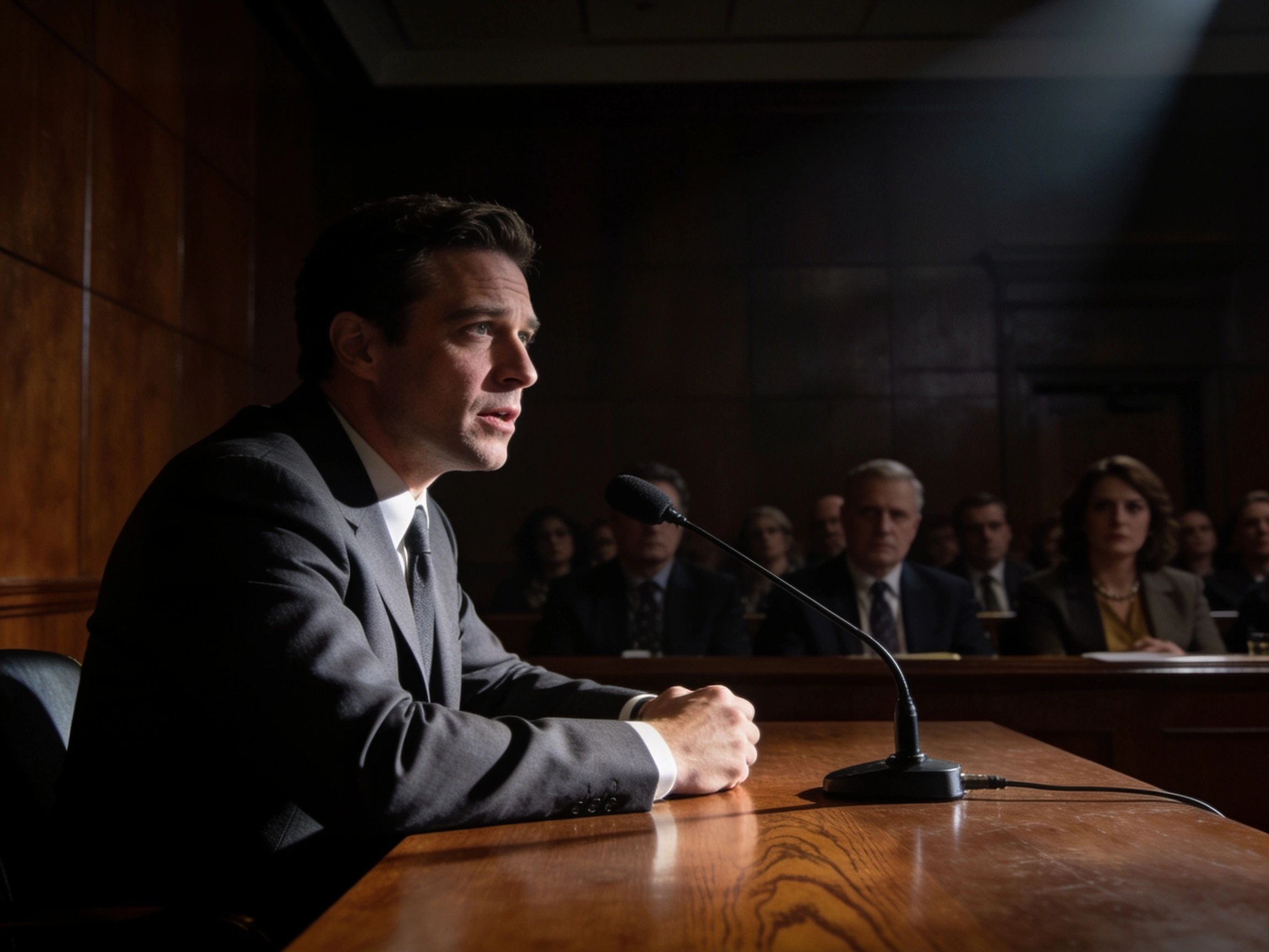 Man speaking at a formal hearing or trial.