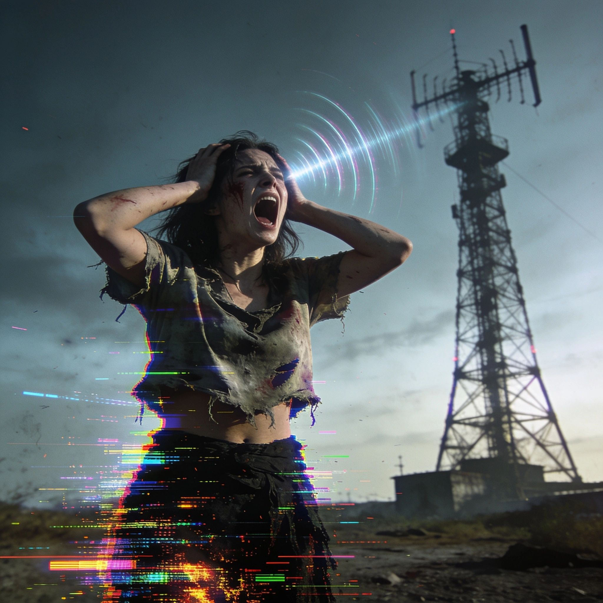 Woman screaming with digital distortion and signal beam from antenna.