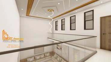 Modern interior with glass railing and elegant chandelier in a bright hallway.