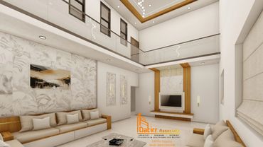 Modern living room with high ceilings, wooden accents, and neutral tones.