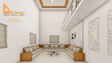 Modern living room with L-shaped beige sofa and wooden accents.