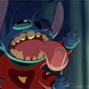 This is an image of Stitch in a mental state of a manic episode. His licking the glass window.