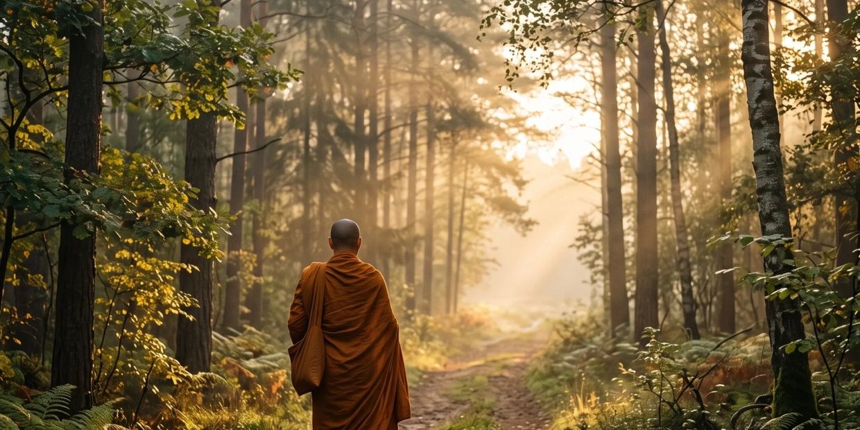 Monk walking in forest with sunlight.