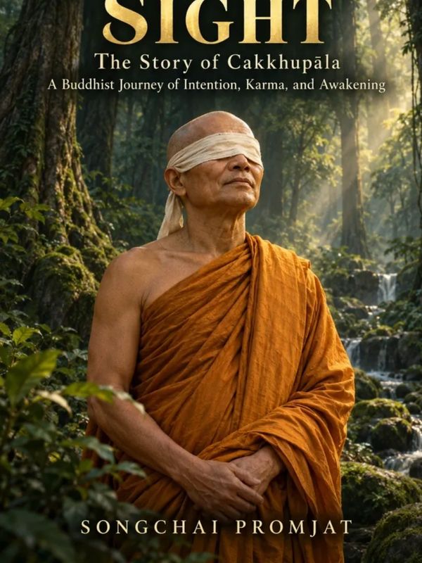 A blindfolded Buddhist monk in an orange robe in a forest.
