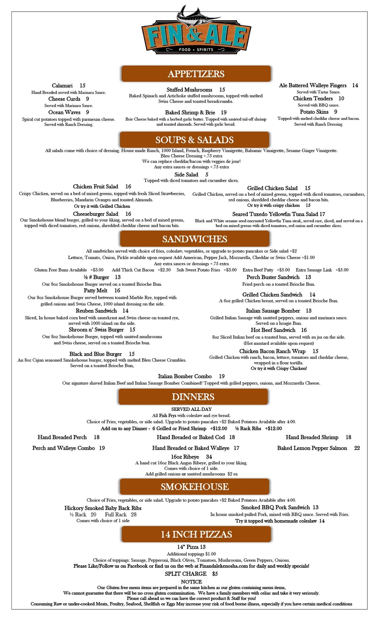 Menu from Fin &amp; Ale featuring appetizers, soups, salads, sandwiches, dinners, smokehouse, and 14 inch pizzas.