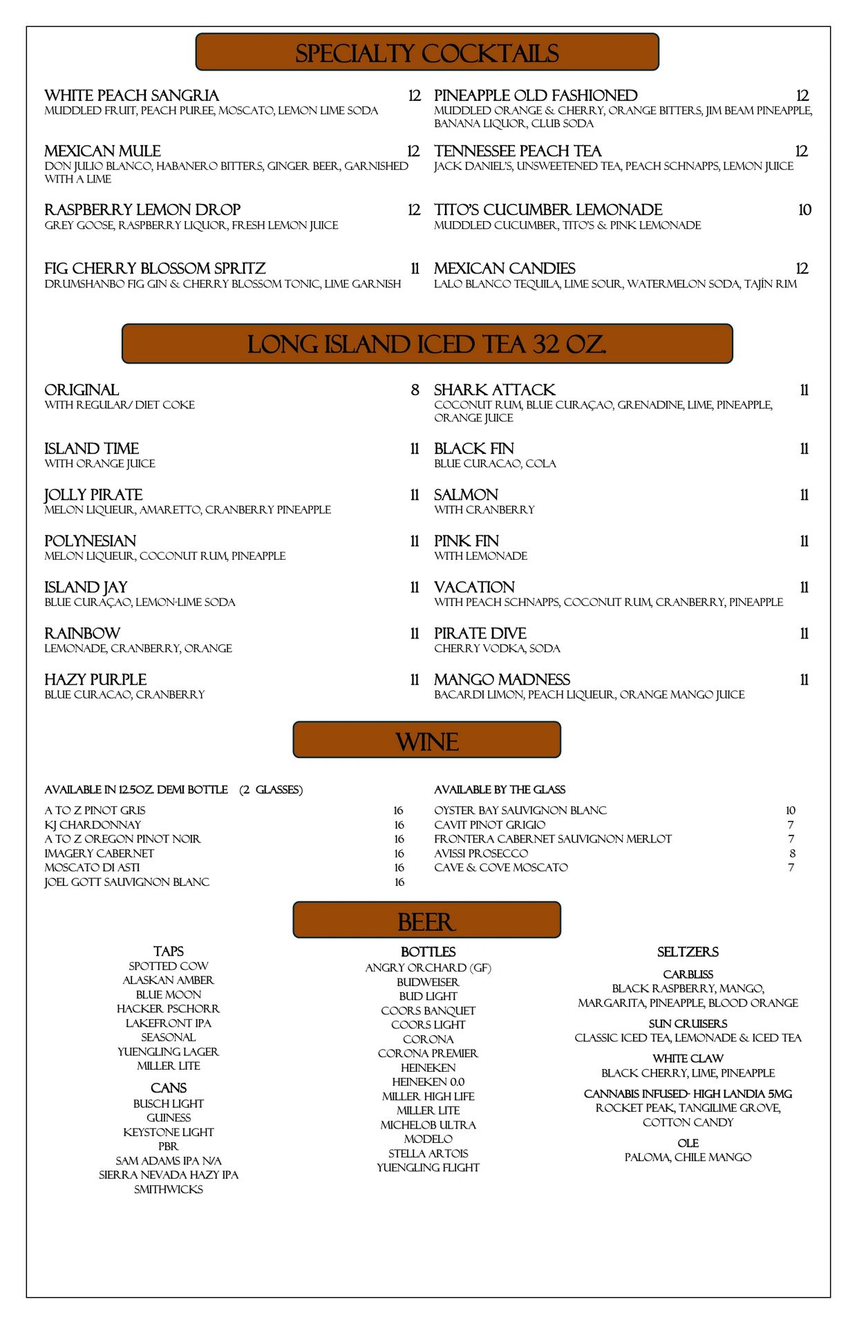 Drink menu featuring specialty cocktails, Long Island iced teas, wine, beer, and seltzers.