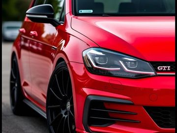 Close-up of a red Volkswagen GTI with black wheels.