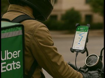 Uber Eats delivery rider on a motorcycle using GPS navigation.