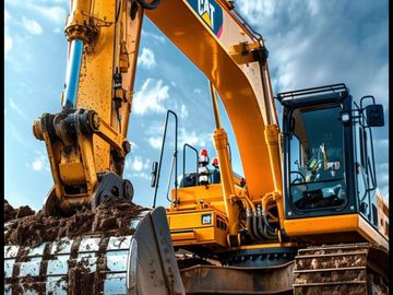 Yellow CAT excavator digging soil under a cloudy sky.