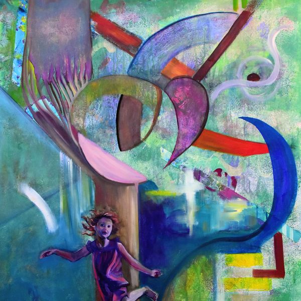 Abstract painting with a girl and swirling shapes.